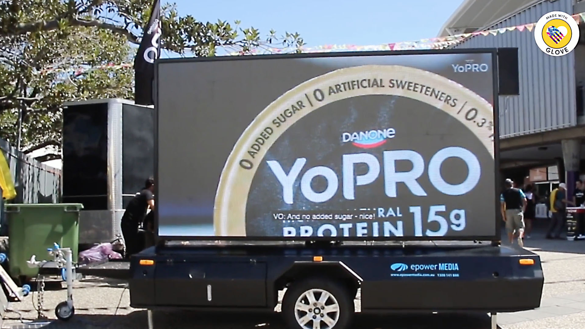 Large format outdoor screen for Danone Yopro activation by Running Boards