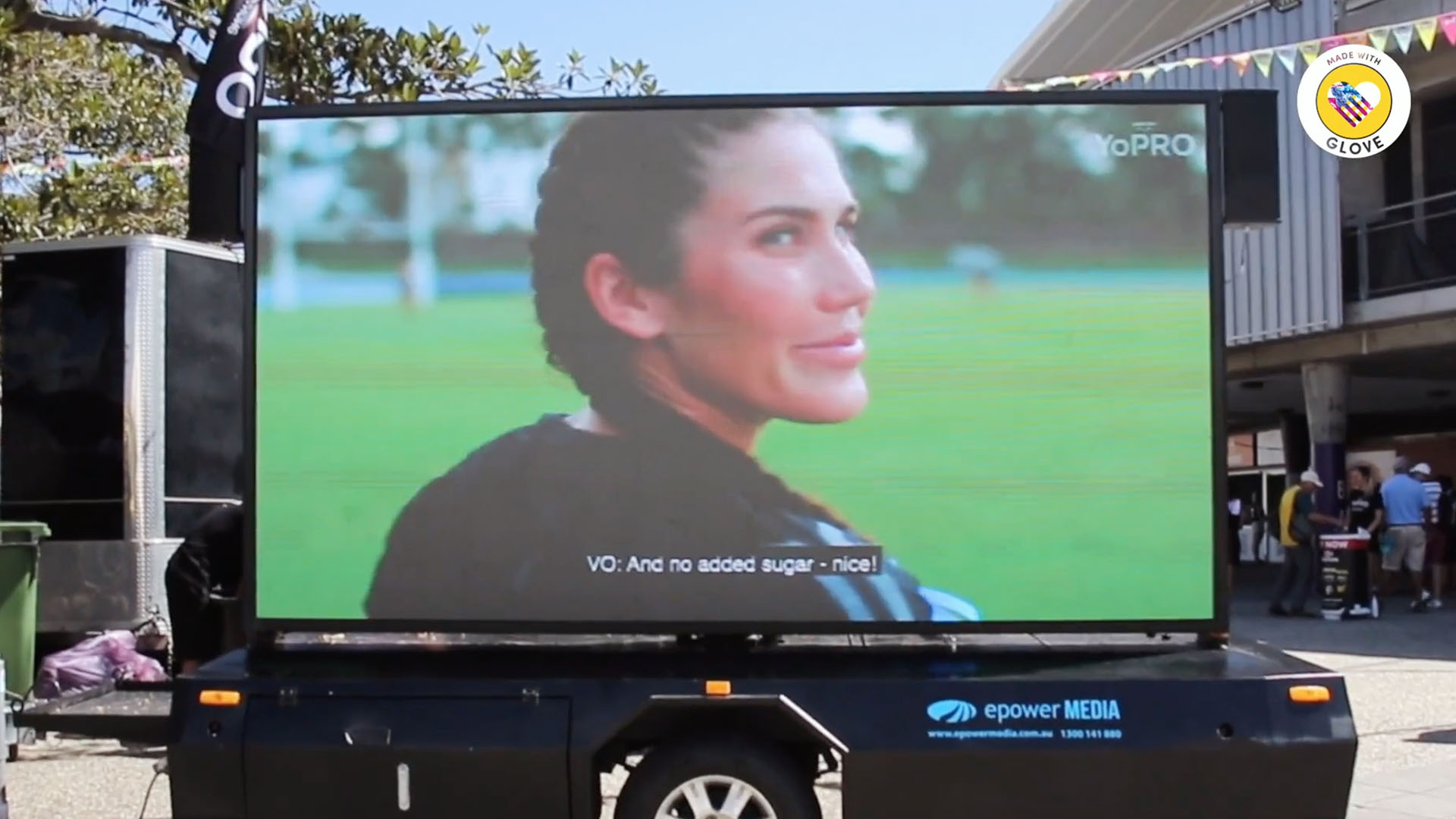 Large format outdoor screen for Danone Yopro activation by Running Boards